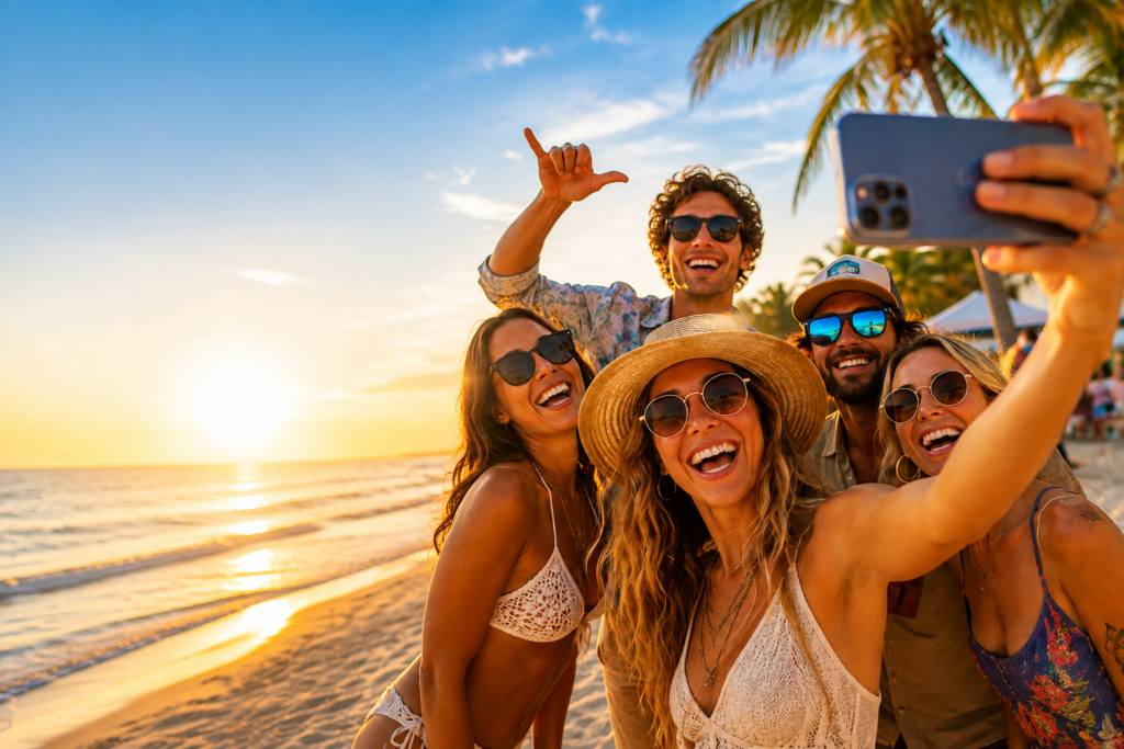 Group of active adults at the beach takig a selfie to post on the Florida Lifesyle expo social pages.