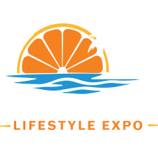 Florida Lifestyle Expo Logo with white palm trees and white text on a blue background